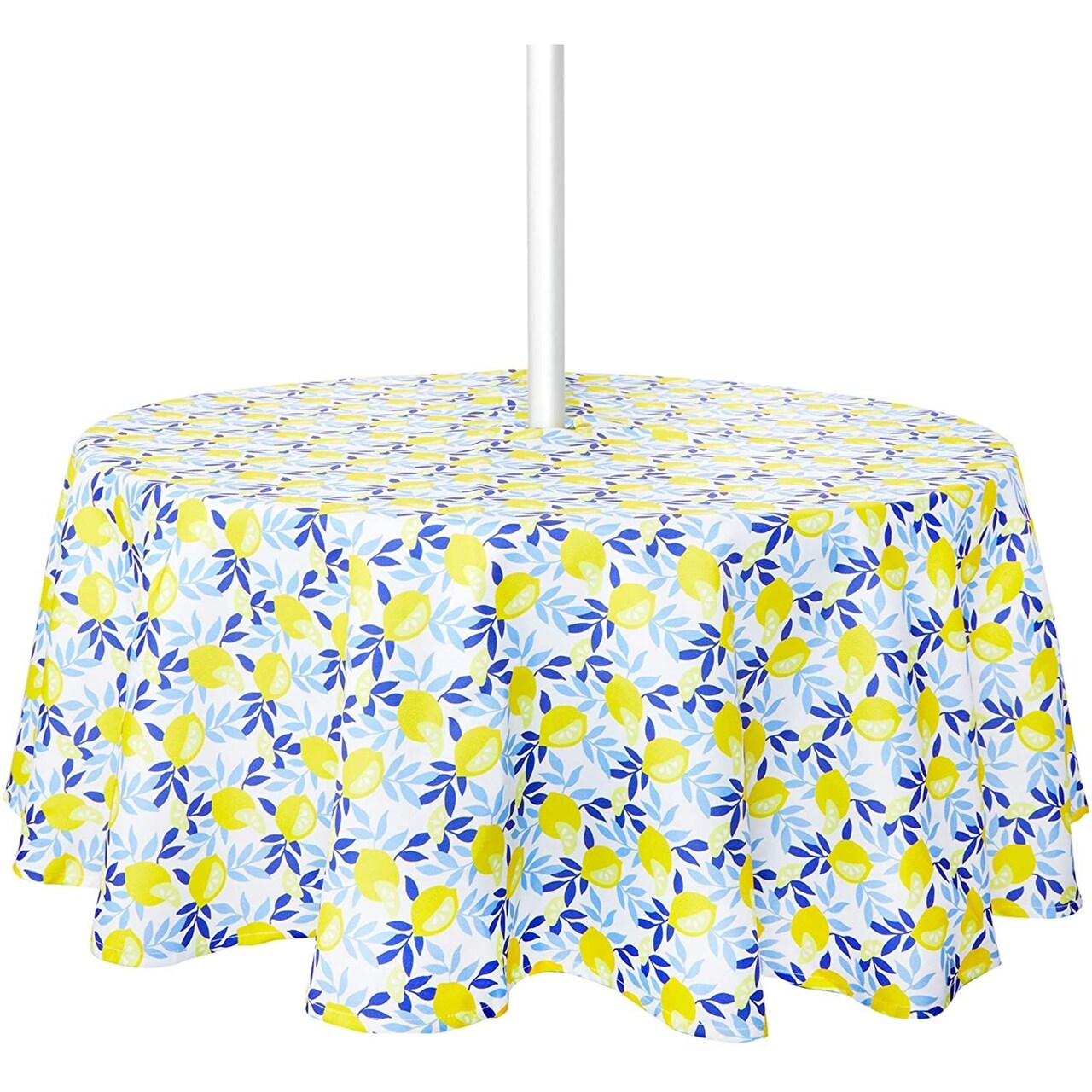 Round Outdoor Tablecloth with Umbrella Hole and Zipper - 60-inch Patio Table Cover for Backyard, Spring and Summer Garden, Circular Table, BBQs, Picnic, Lemons Design